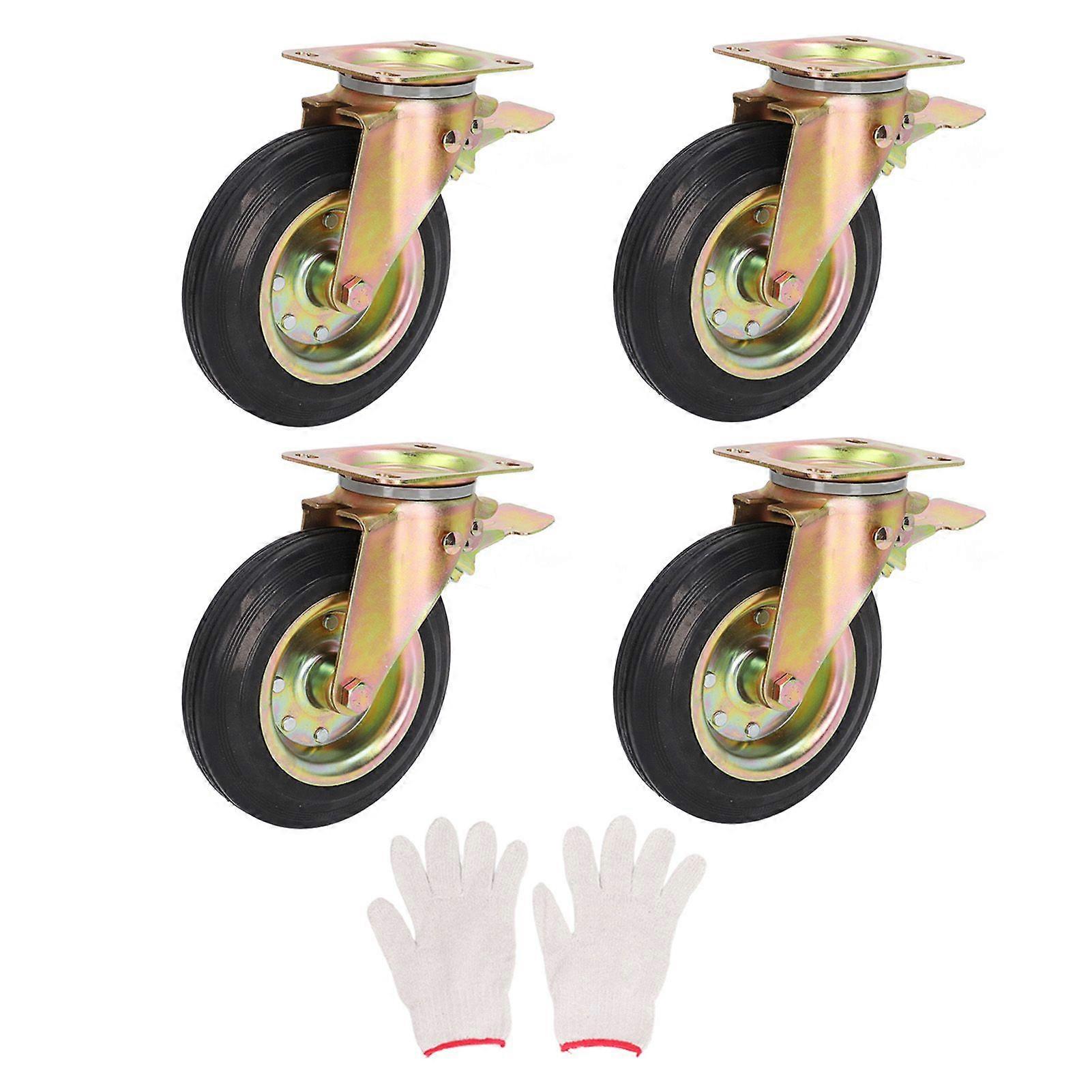 4Pcs 8in Caster Wheel with Brake 1 Pair Gloves Universal Workbench Cart Caster for Furniture Trash Can