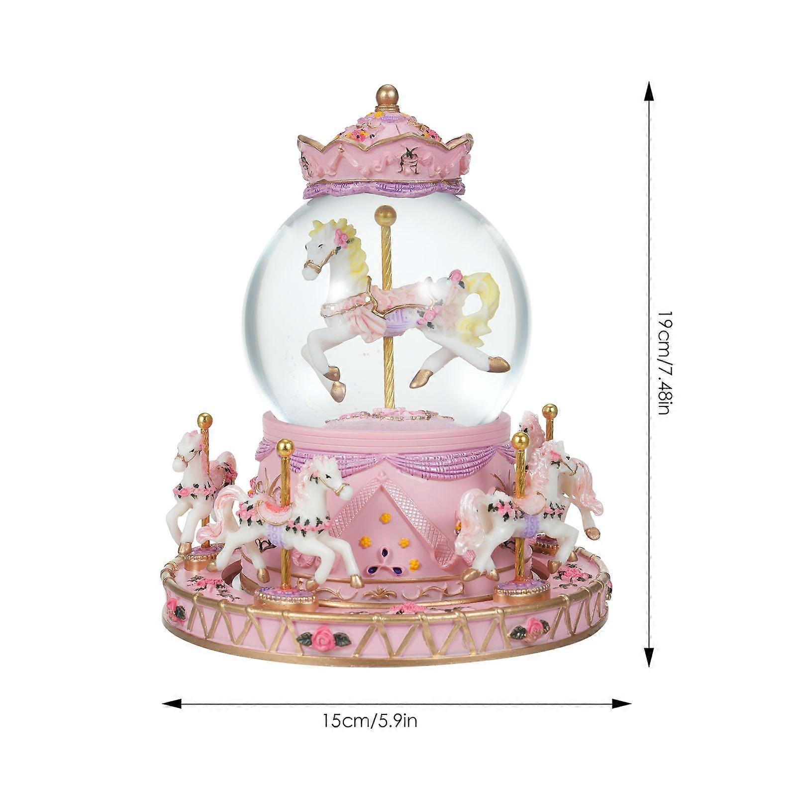 Rotating Carousel Music Box Crystal Ball Light-up Snow Globe Wind-up Musical Box Colorful Lights Cute Little Horses Girls Festival Birthday Gift
