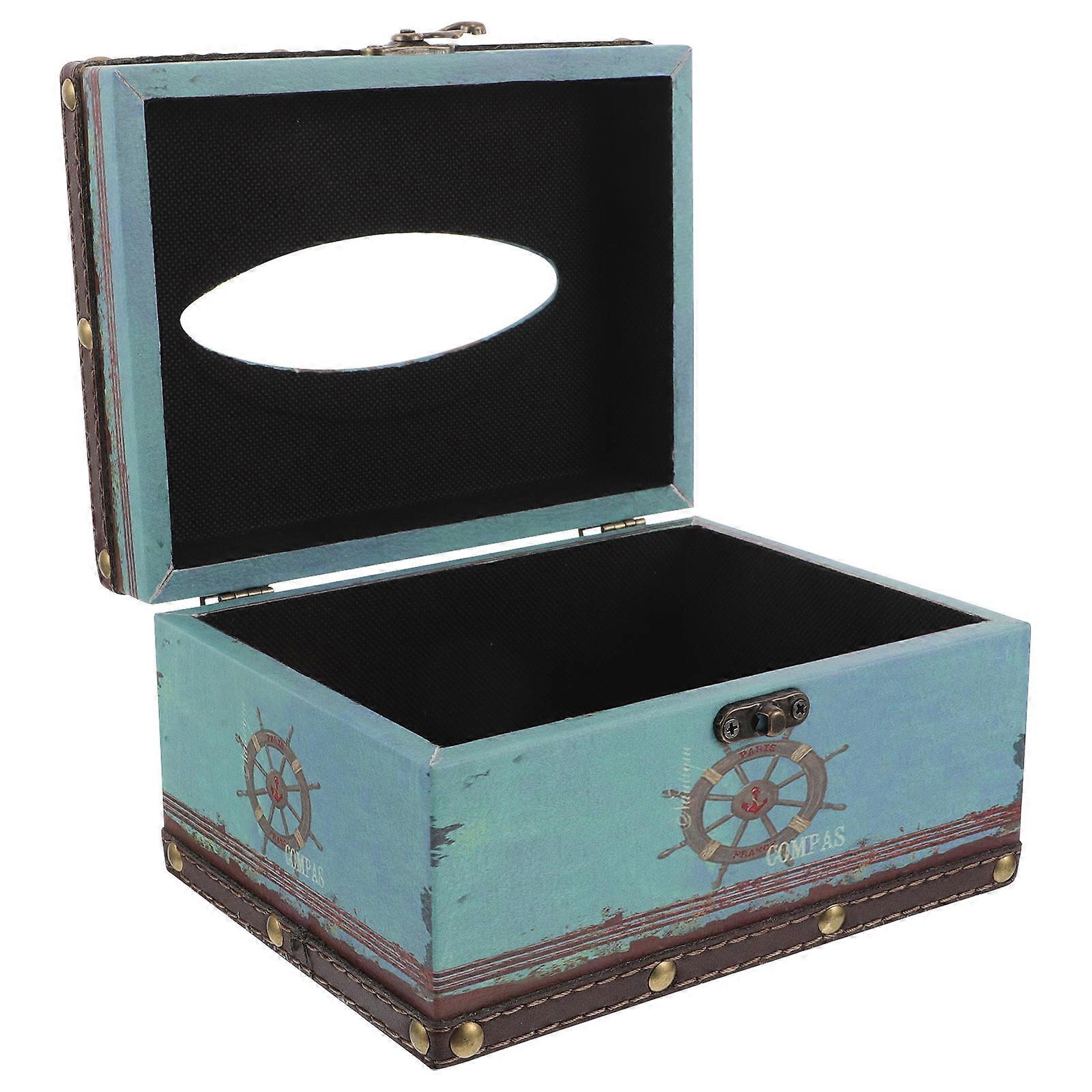 Vintage Wood Tissue Box Cover for Disposable Paper Facial Tissues in Blue for Storage