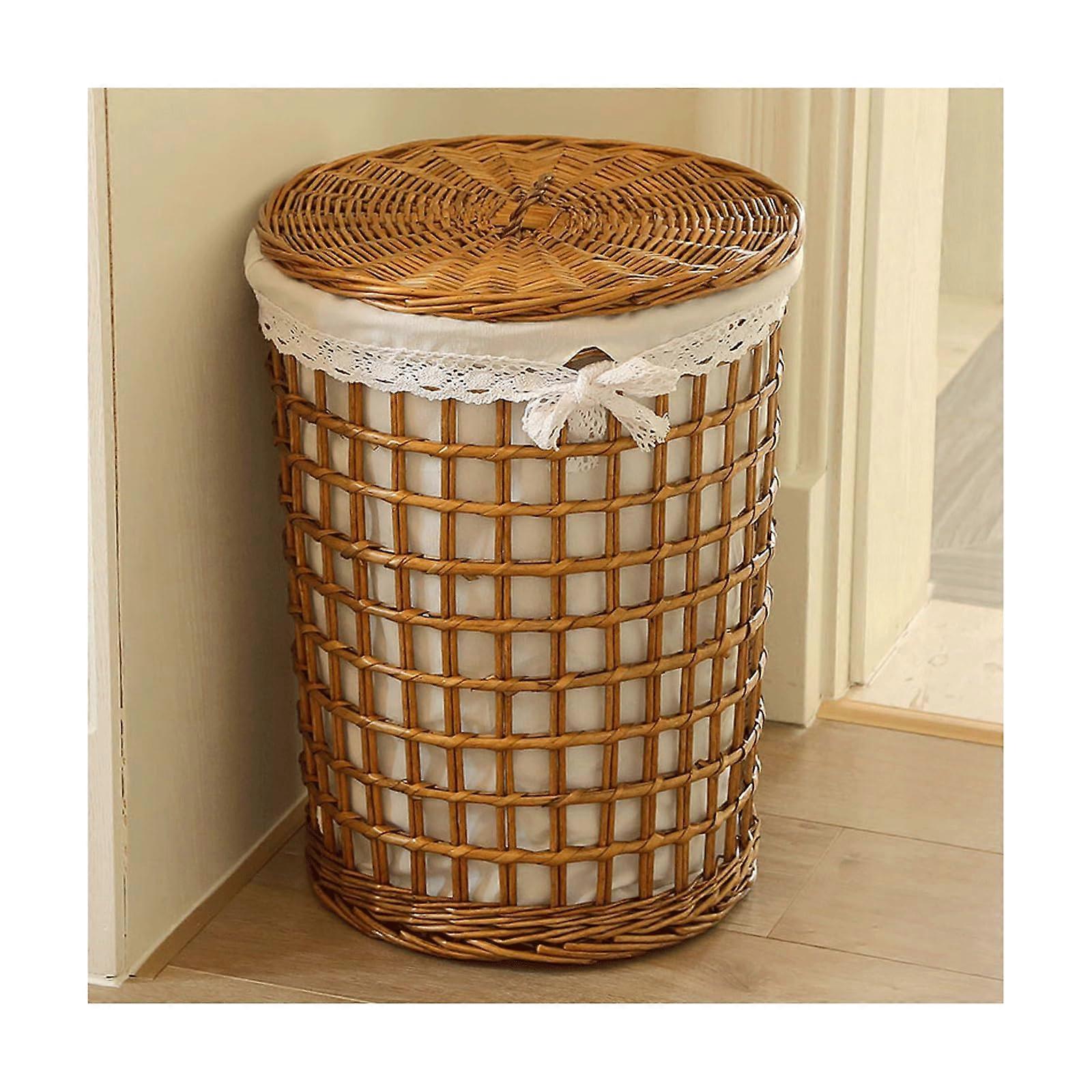 Rattan Laundry Hamper with Lid, Round Wicker Basket, Removable Liner Bag for Clothes and Toy Organization