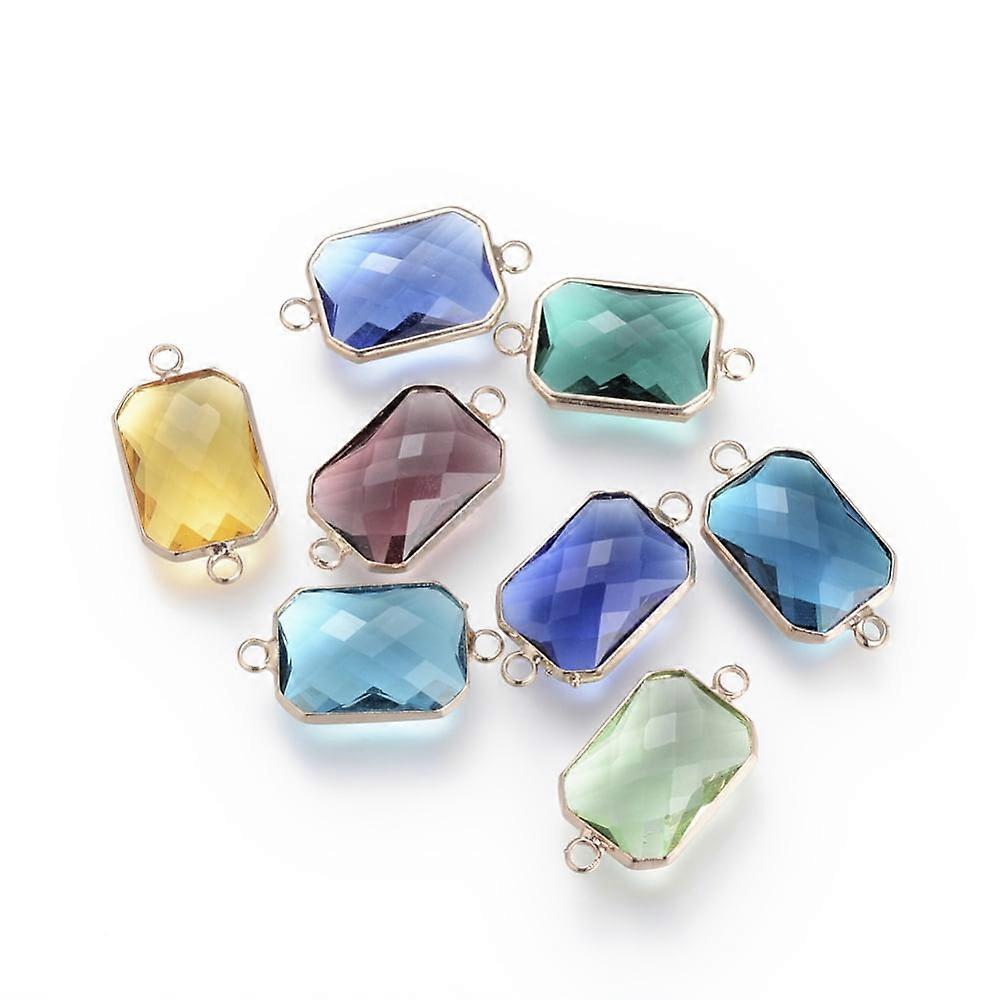5pc Glass Links connectors with Brass Findings Faceted Rectangle Mixed Color 19.5x10.5x5mm Hole: 2.5mm