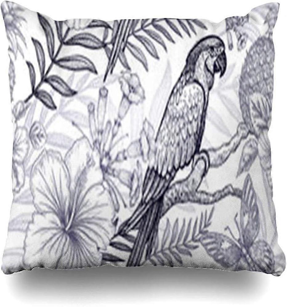 n1132スロー枕カバー、オウム、花、鳥、手描き、黒、白、ヤシの枝、カリフォルニア、パイナップル、ハイビスカス、蝶、装飾、ホームピローコーブ