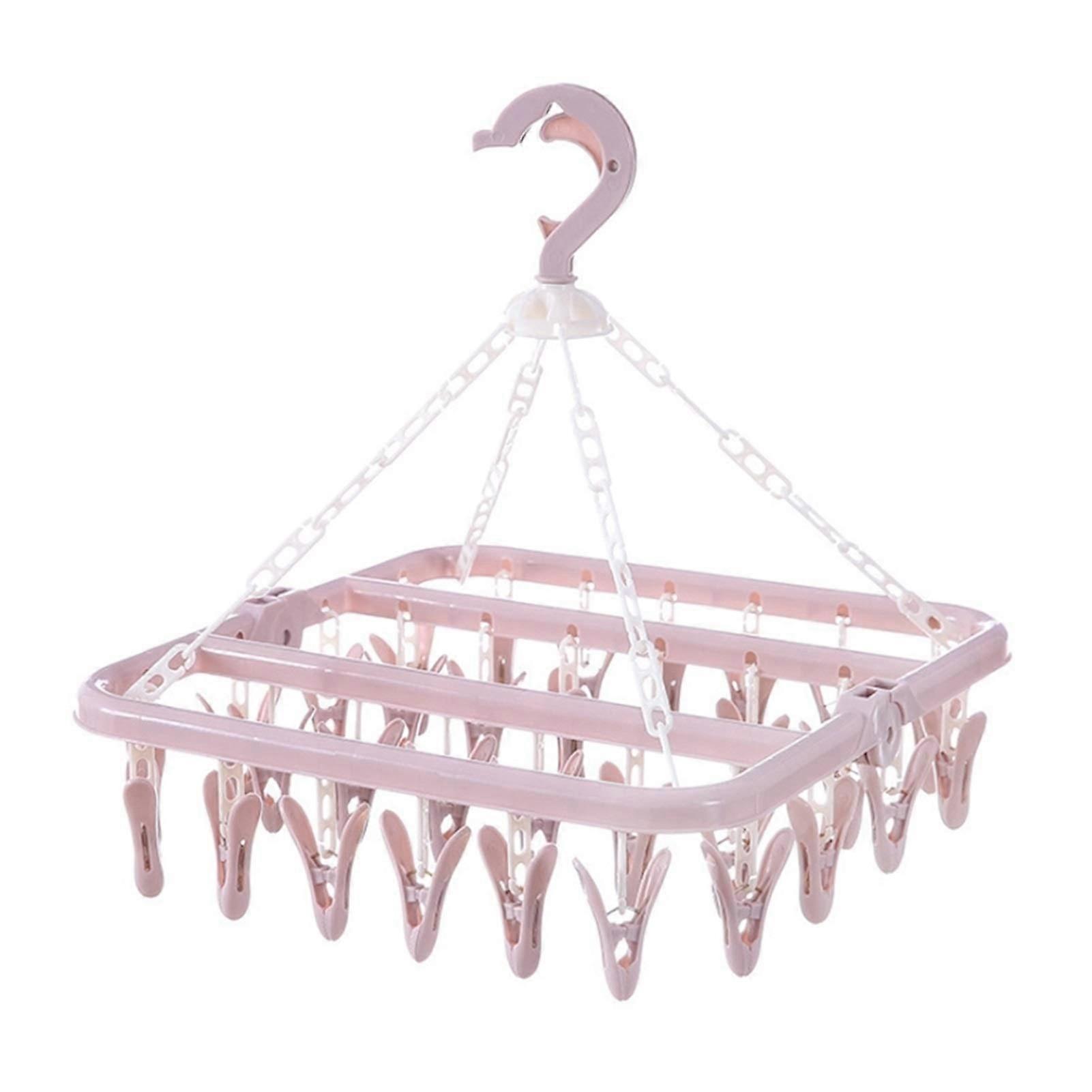 Clothes Airer Folding Drying Rack With 32 Clips, Windproof Design For Socks And Underwear