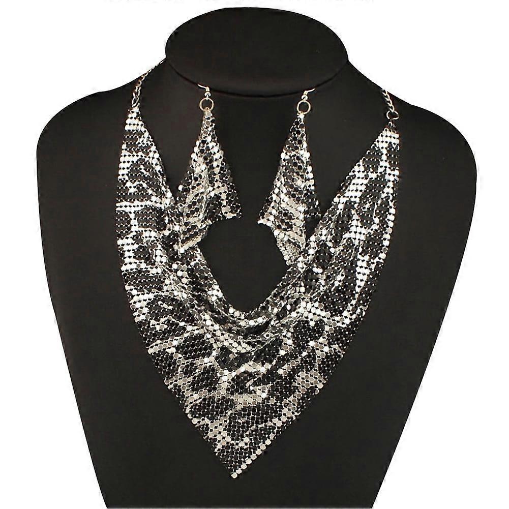 LEAQU 2Pcs/Set Women Triangular Scarf Sequins Charm Statement Bib Necklace Earrings