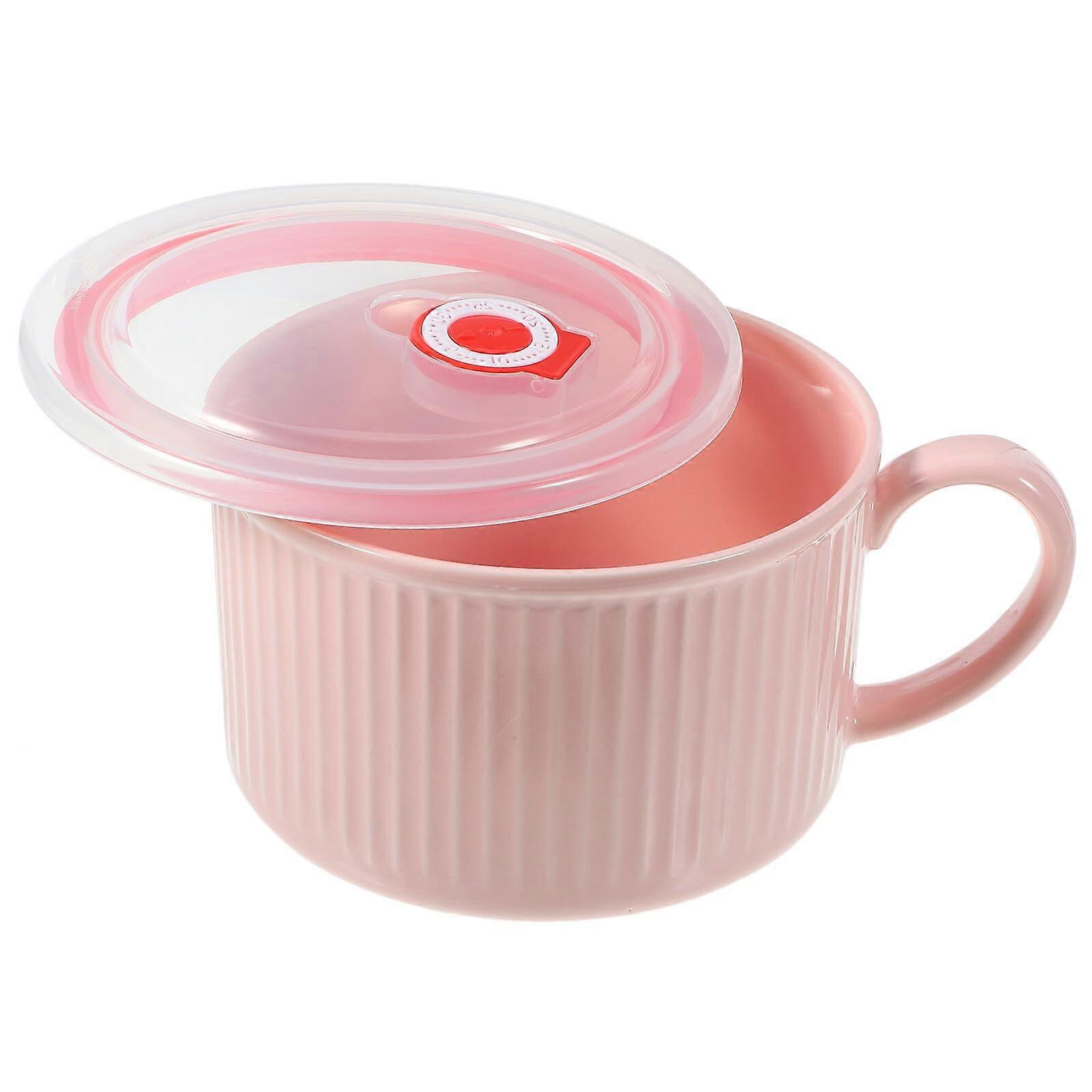 Ceramic Noodle Soup Bowl with Lid and Handle Microwave Safe Food Container for Salads Fruits Pink