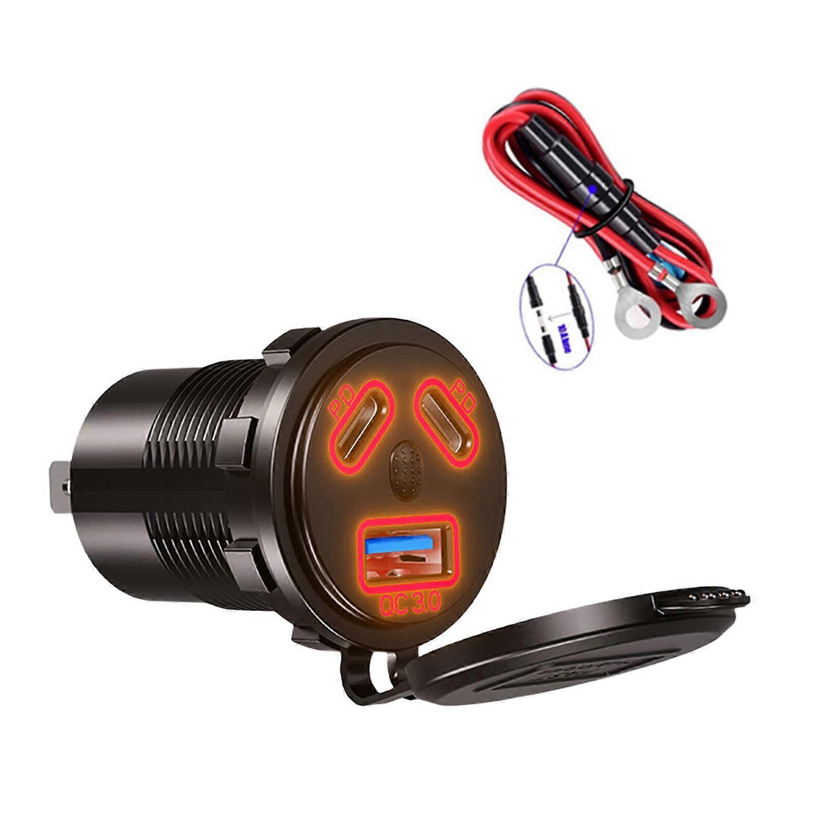 Quick Charging Double USB C Car Socket PD45W Type C and 18W QC3.0 Port Charging Adapter with LED Light for Automotive  bright red