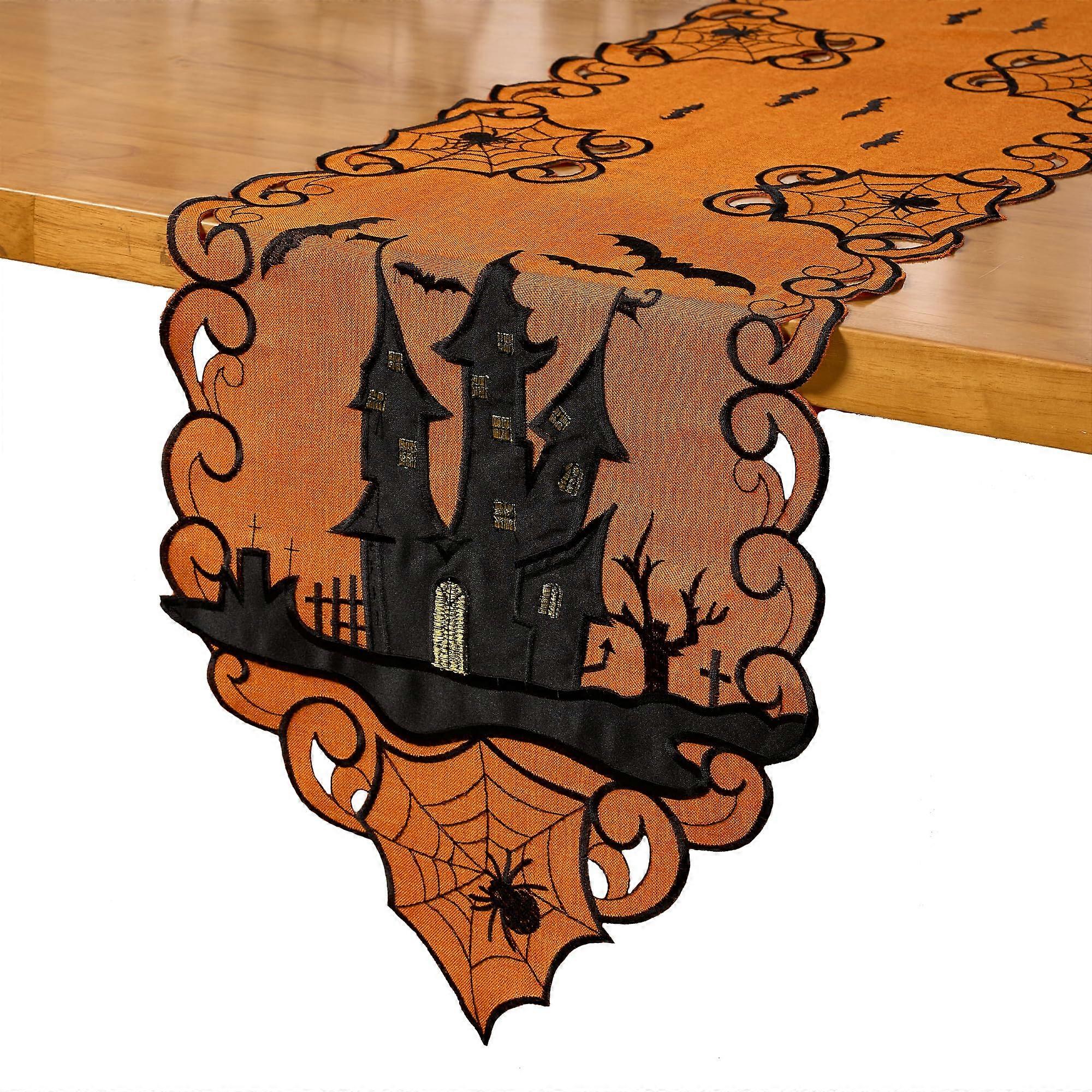 Halloween Table Runner 13x69 Embroidered Bats and Spider Webs Durable Polyester Fall Decoration