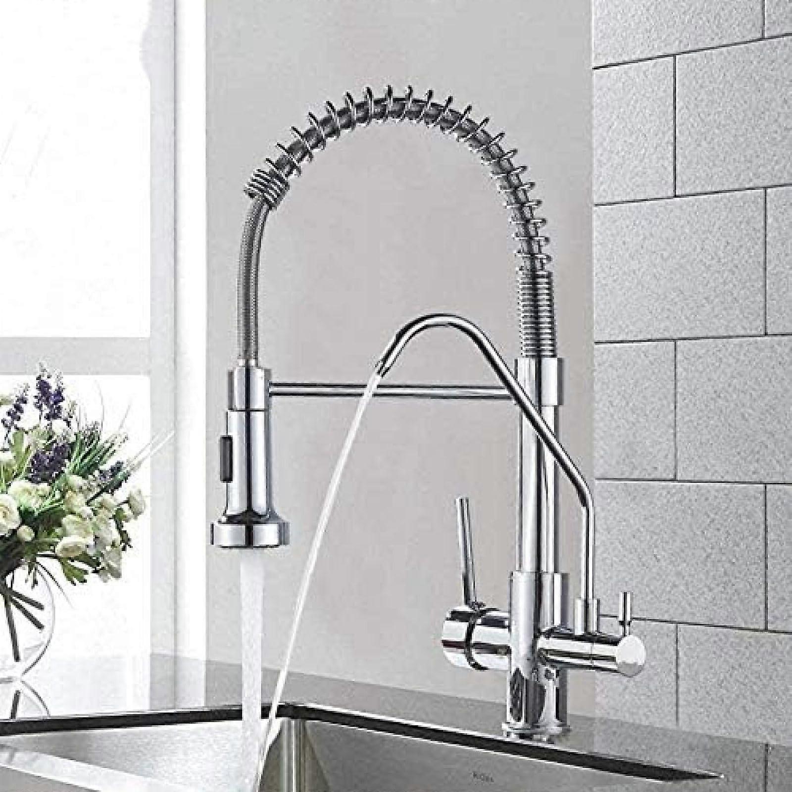 Solid Brass Kitchen Faucet with Chrome Plated Water Filter Tap, 360° Rotating Dual Handle Design