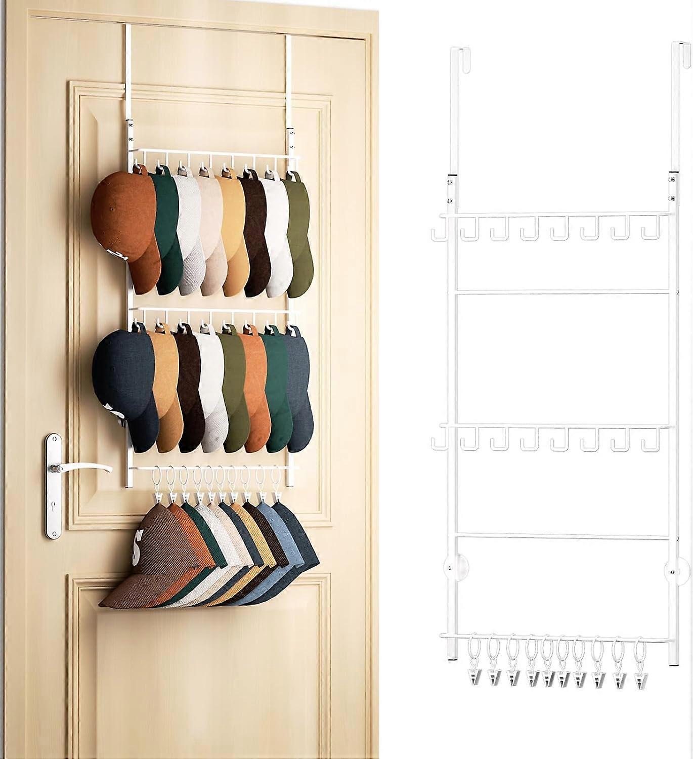 Over Door Hat Rack - 3 Tier Wall Mounted Hat Holder with 16 Hooks and 10 Movable Clips, Cap Hanger Storage Hat Organiser up to 26 Caps for Door