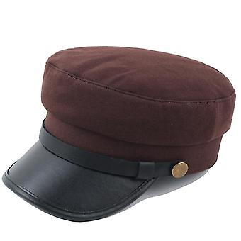 Mens Womens Pu Brim Military Cap Fiddler Sailor Breton Cap Fashion Flat Top Sun Visor Hat