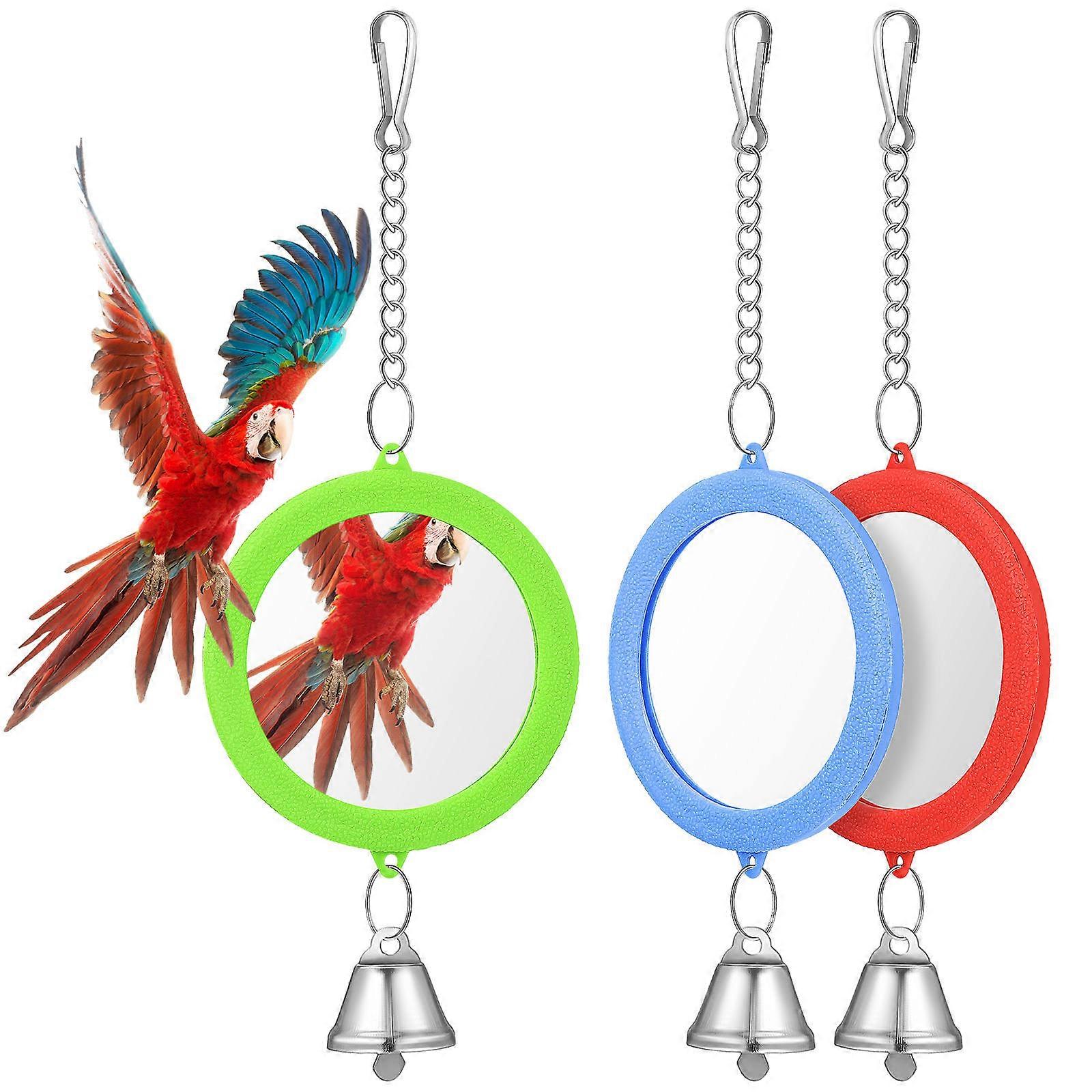 Bird Mirror with Bell Round Cage Toy for Parakeets 3Pcs Set