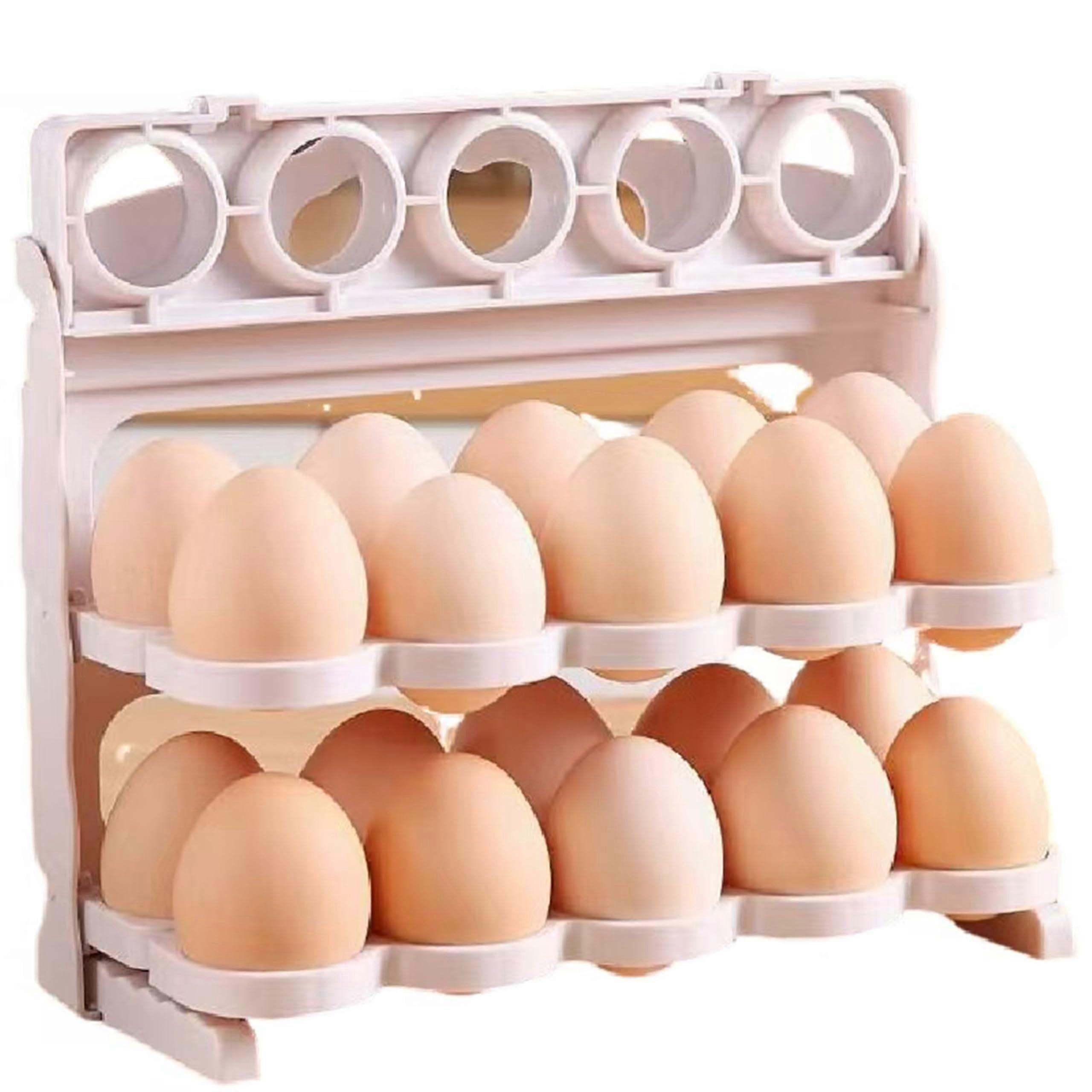 3 Layer Flippable Egg Holder for Refrigerator Door, Stackable Egg Organizer Tray, Holds 24 Eggs, Off White