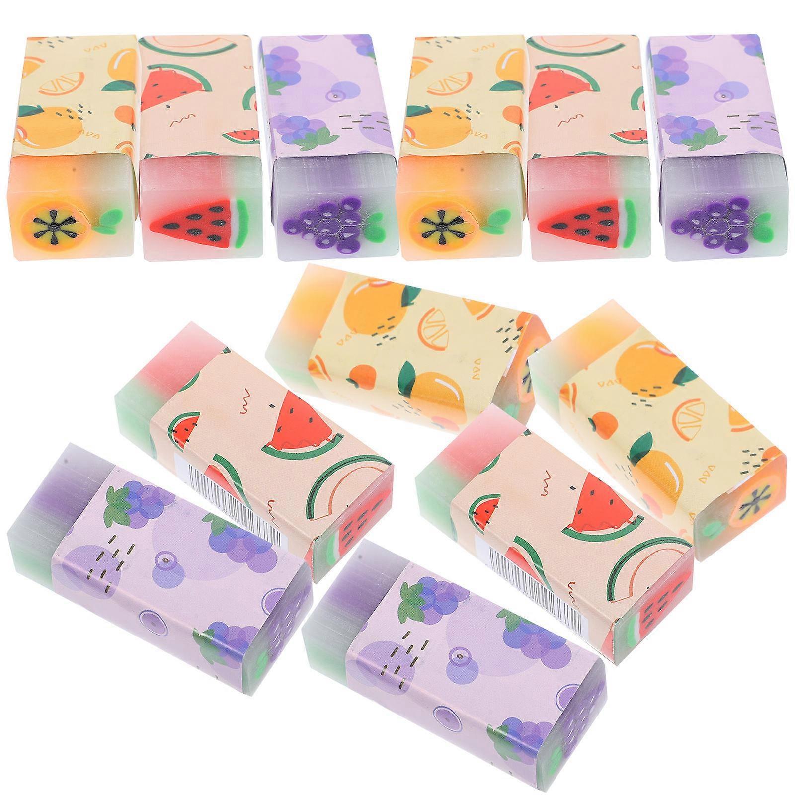 Fruit Pencil Erasers Kids Cartoon Rectangular Studying Erasers 12Pcs Assorted Colors