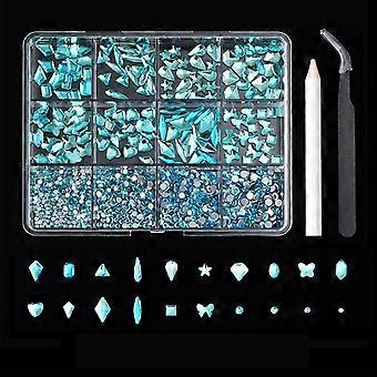 12 Grids Lake Blue Flatback Nail Art Rhinestones, Mixed Shape Glass Decorations for Acrylic Nails