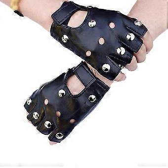 Disco Dancing Rock And Roll Black Fingerless Gloves Faux Leather Studs Mittens-Yvan