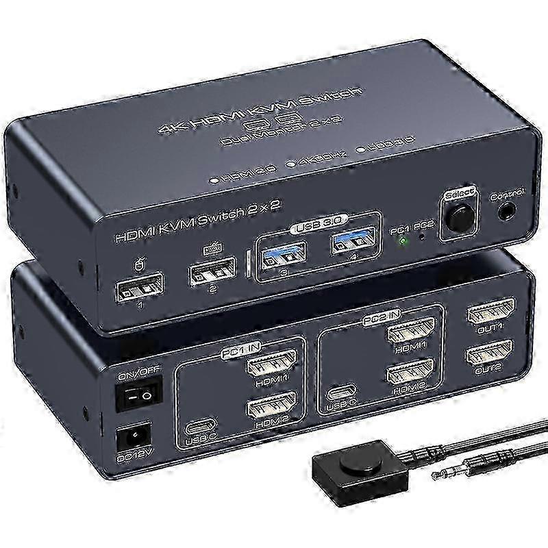 4K@60Hz HDMI KVM Switch Supporting Dual Monitors and Two Computers