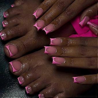 Pink French Press-On Nails with Toenails Set, Short Square Fake Nails Kit, Reusable 48Pcs