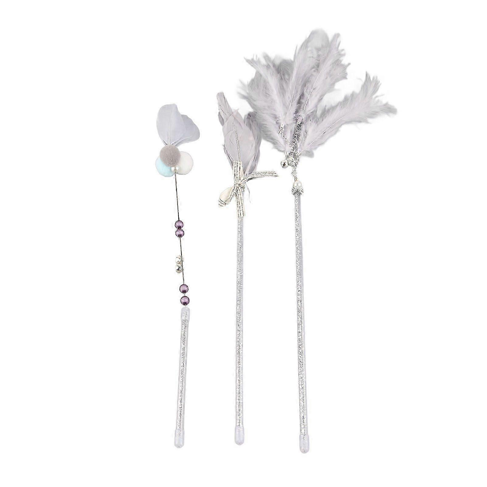 3Pcs Interactive Cat Toy Grey Feather Teaser Wand with Bell for Kitten Playing