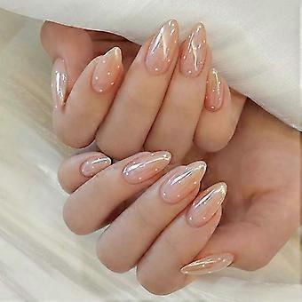 Glansiga press-on naglar i akryl, nagelstyling i genomskinlig rosa toning, vit prickig konstgjord nagel, set med självhäftande flikar och förvaringslåda för daglig användning