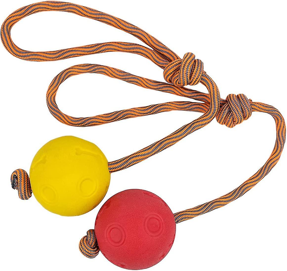 2pcs Ball On Rope Dog Toy Durable Elastic Solid Rubber Ball 7cm (bleu + jaune) (4-j-1)