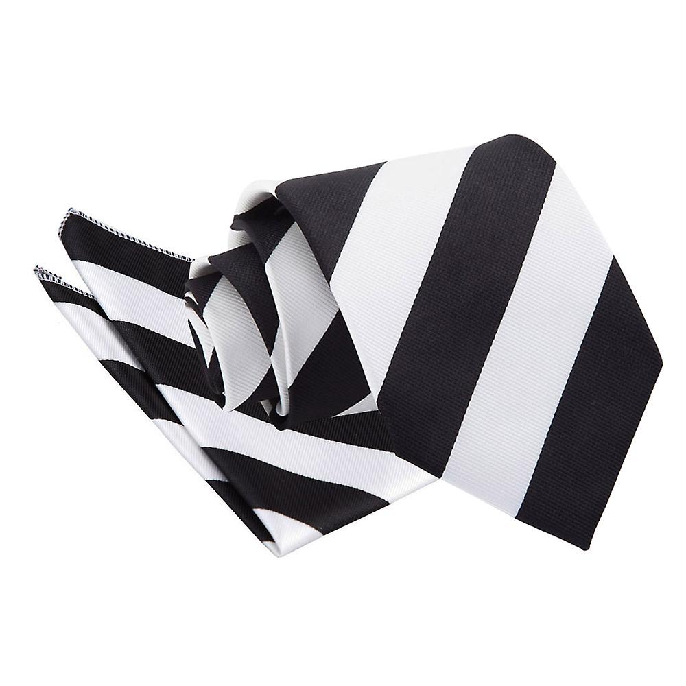 Black and White Striped Tie and Pocket Square Set