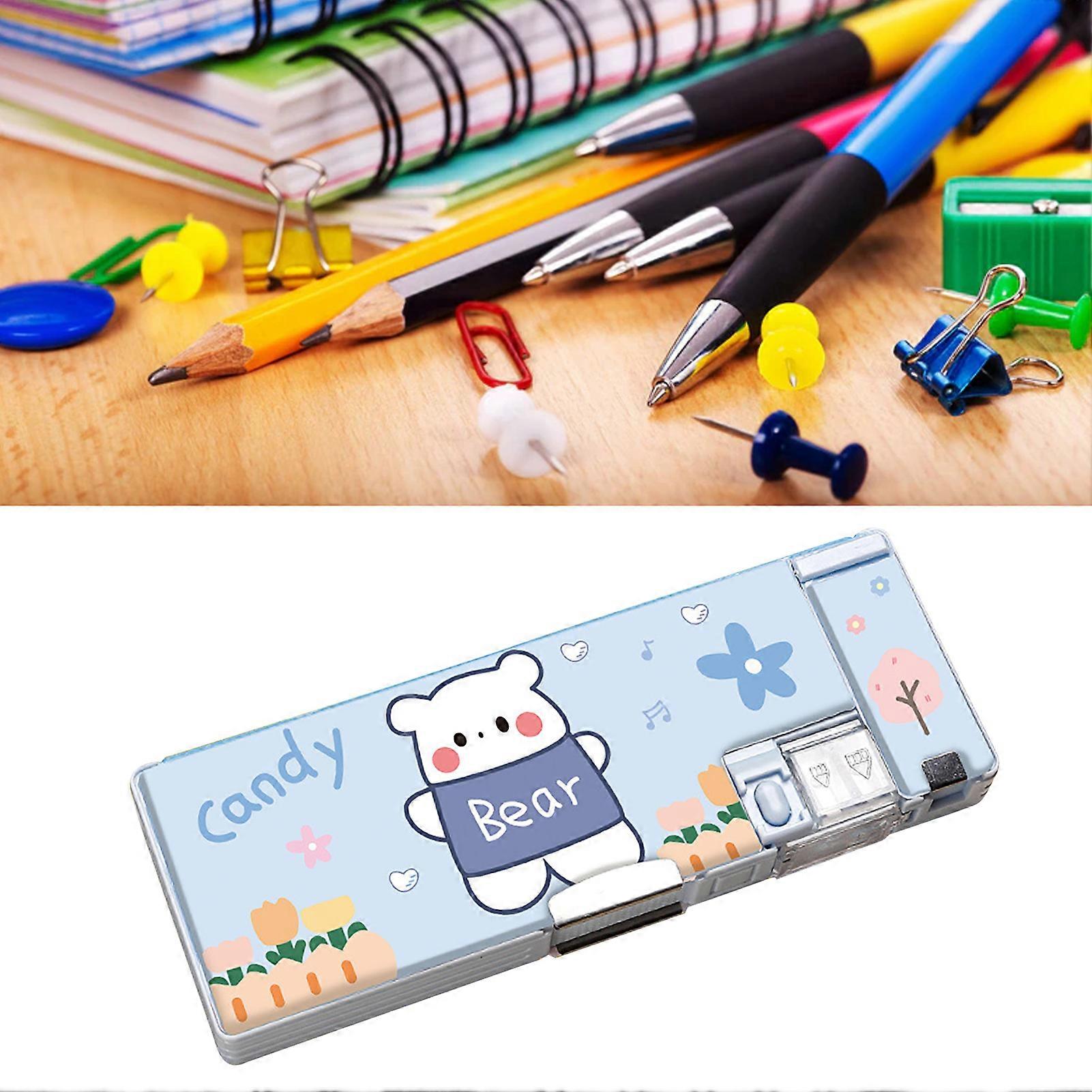Pencil Bag Cute Cartoon Style Double Sided Inbuilt Sharpener Portable Large Capacity Large Pencil Case for Kids School Bear 