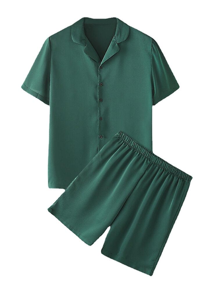 Men's Green Faux Silk Short Sleeve Button-up Pajama Set With Elastic Waist - Home Casual Wear