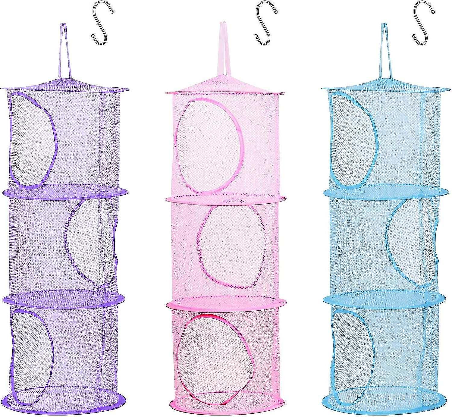 Pcs Kids Storage Net(Pink,Purple,Blue-75*27CM),Foldable Mesh Basket Hanging Toy Storage with S-Hook