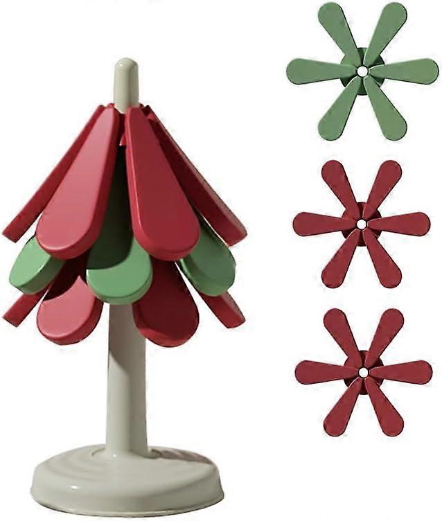 Folding Silicone Trivets for Hot Dishes, Tree Shape Trivet Set, 3 Foldable Silicone Trivets and 1 Stand, Non-Slip Hot Pot Holders