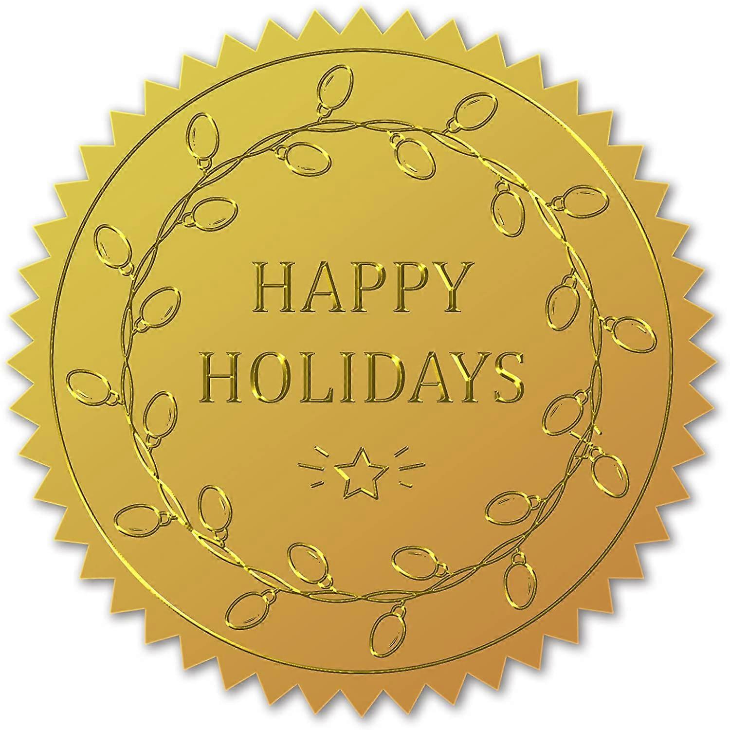100pcs Gold Foil Certificate Seals Happy Holidays Embossed Gold Certificate Seals 2 Round Self Adhesive Embossed
