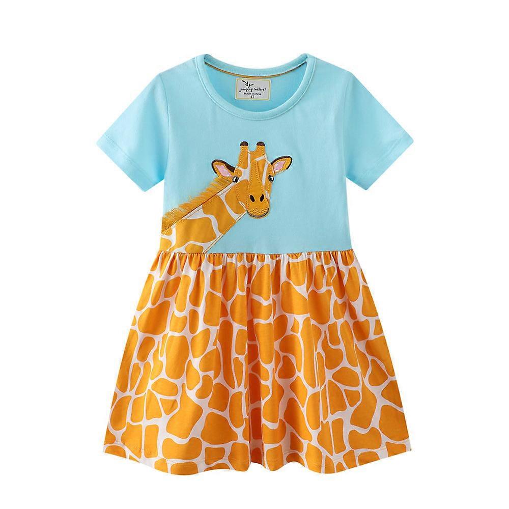 Été Décontracté Coton confortable Coton Filles Robe Bleu Ciel Imprimé Girafe À manches courtes Robe bébé