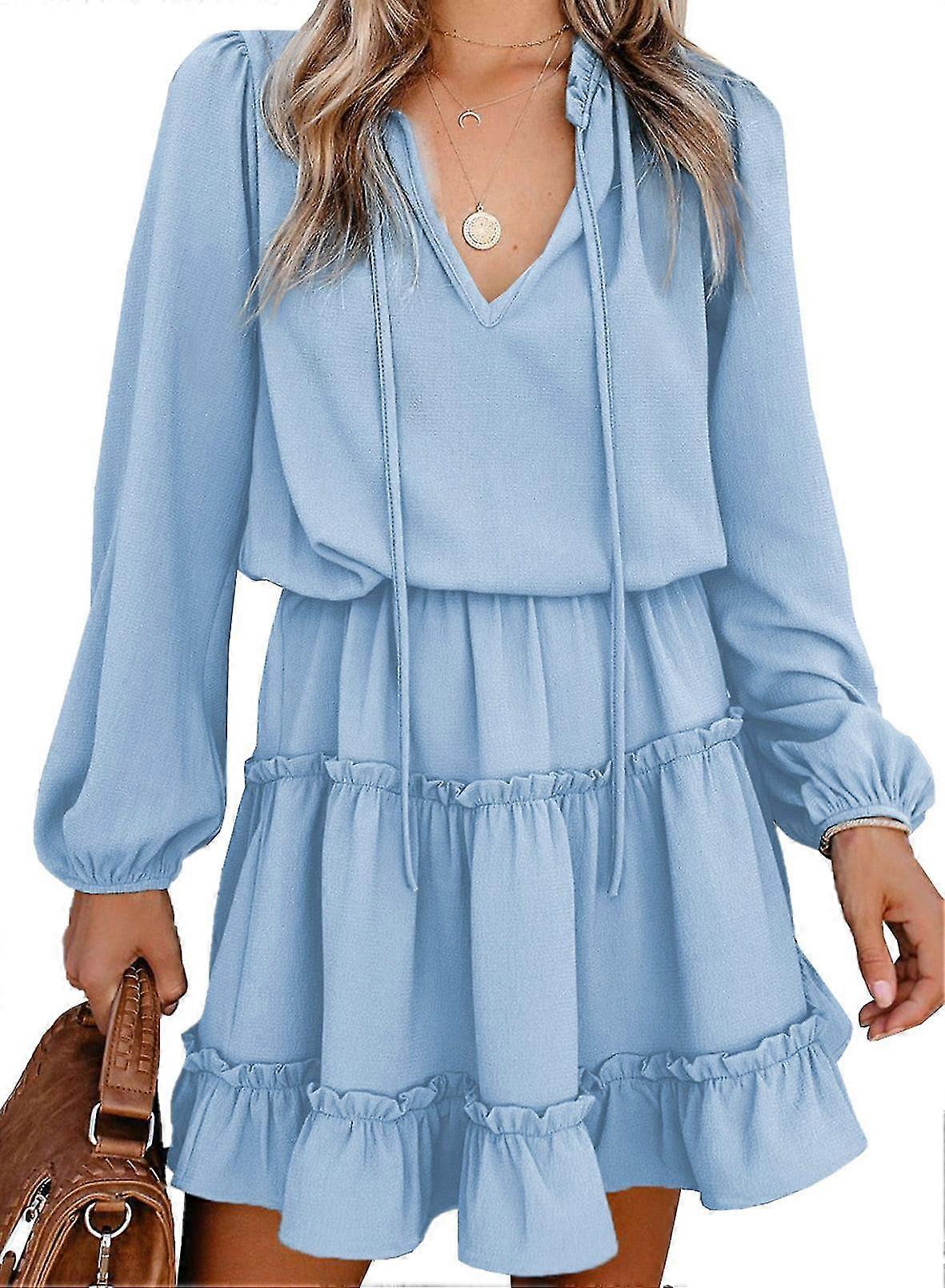 Ladies V Neck Ruffle Chiffon Dress