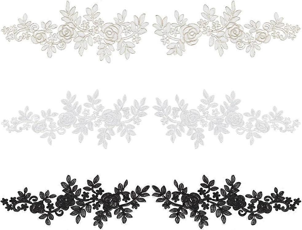 3 Pairs 3 Style Flower Embroidery Lace Applique (White Black Beige 6.5x14.8 inch) Rose Pattern Sew on Patches Polyester Organza Computerized Appliques