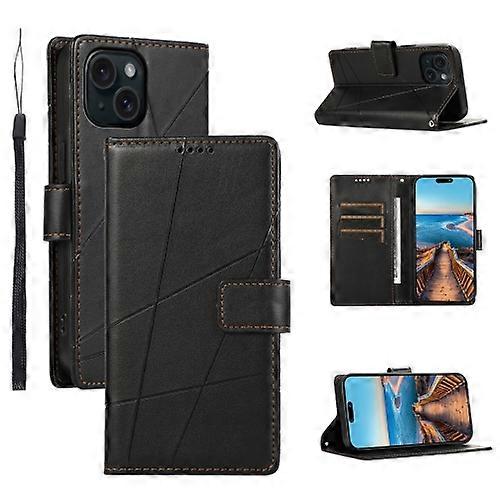 För iPhone 15 PU Äkta Läder Textur Präglad Linje Mobiltelefonfodral