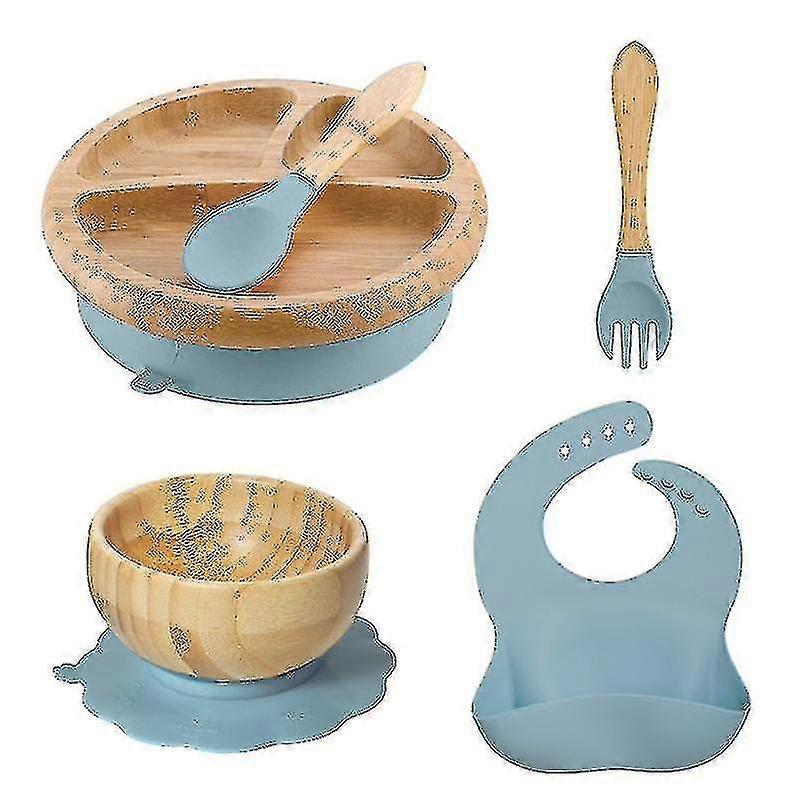 Tiny Dining Children"s Bamboo Tableware Set Plate Bowl Spoon With Stay Put Suction Blue