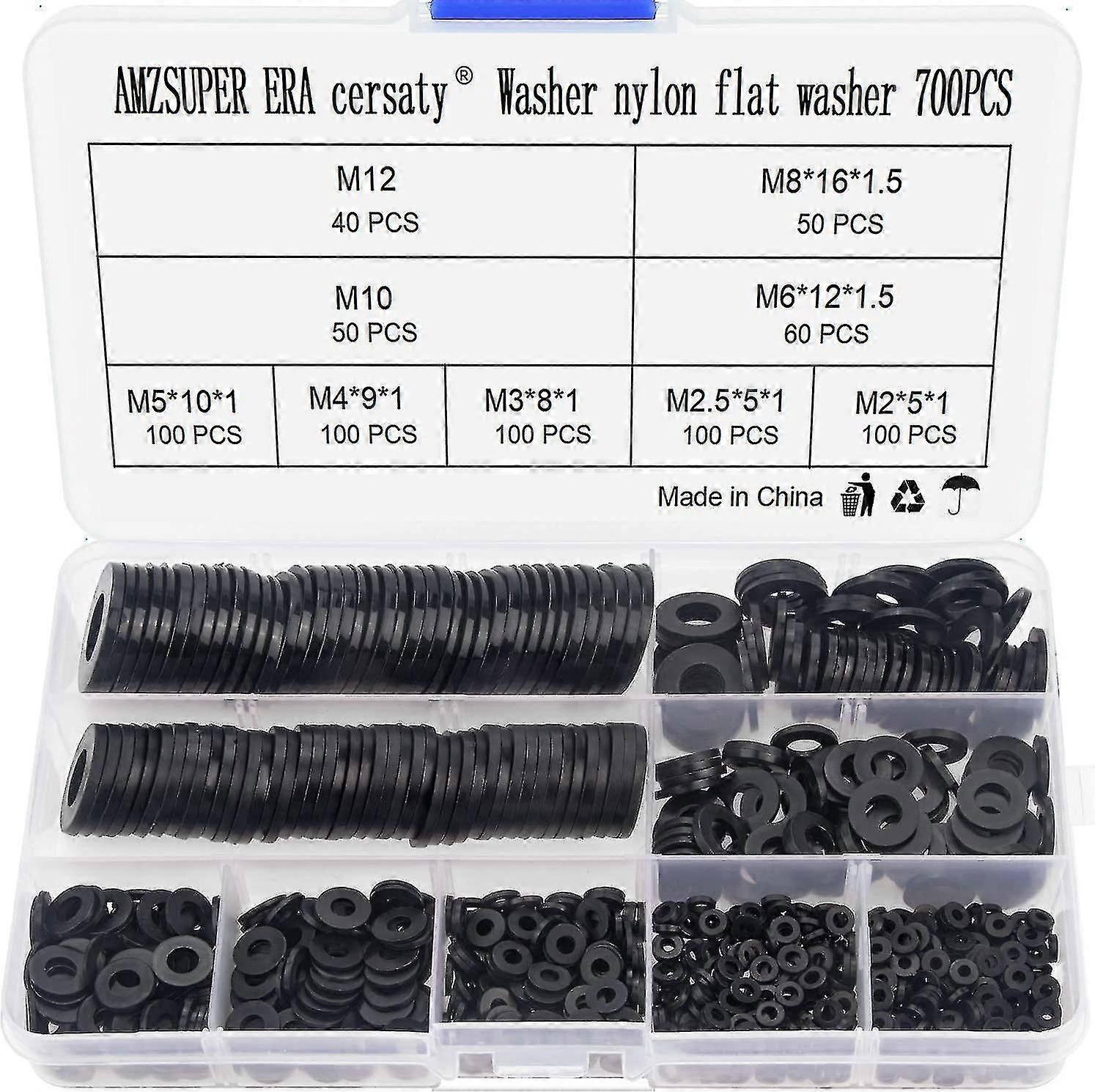 700pcs High Quality Black Nylon Washer Spacer Assortment Kit (m2 M2.5 M3 M4 M5 M6 M8 M10 M12) -with Box