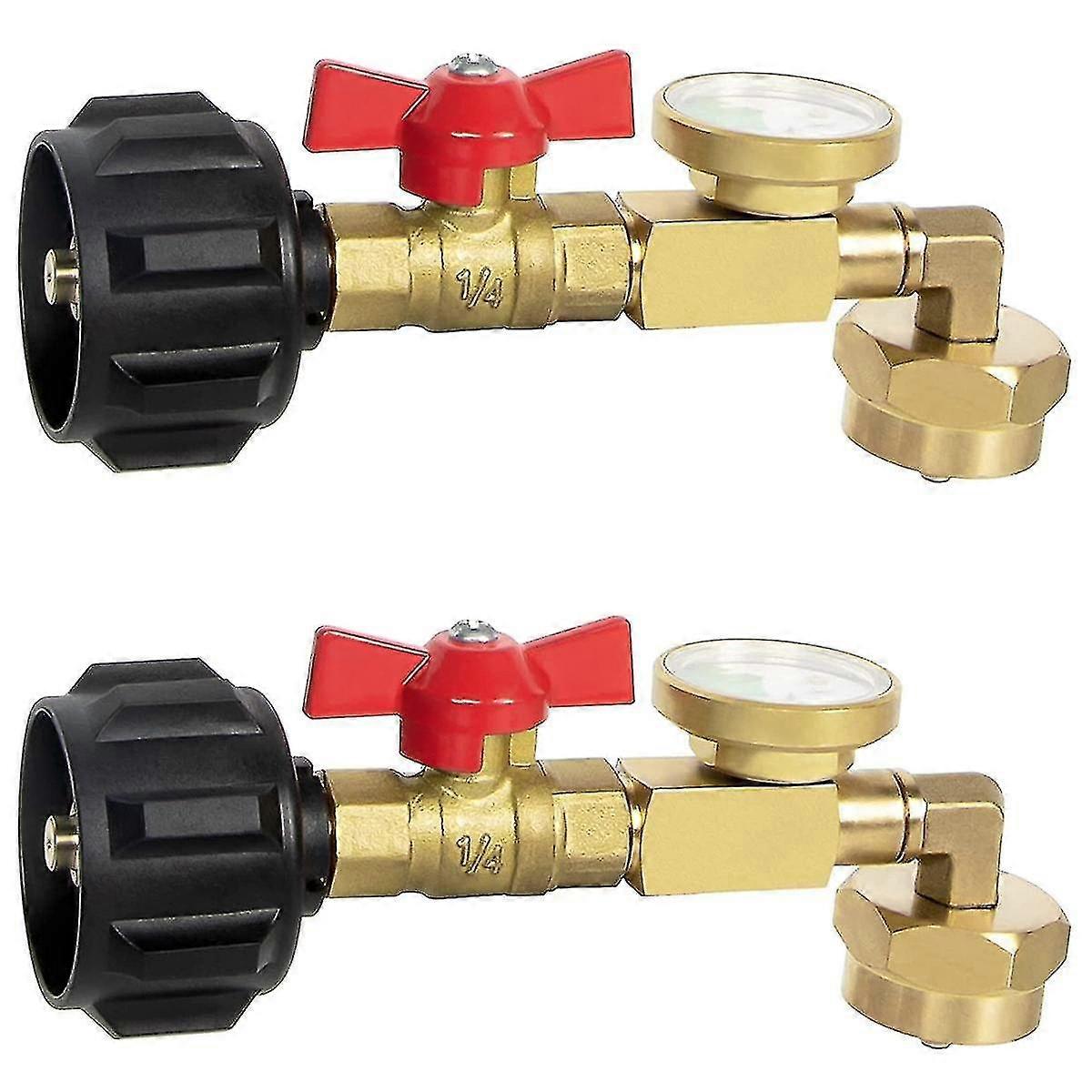 2x Propane Refill Adapter With Valve And Gauge, Fill 1 Lb Bottles From 20 Lb Tank, 90-degree Elbow