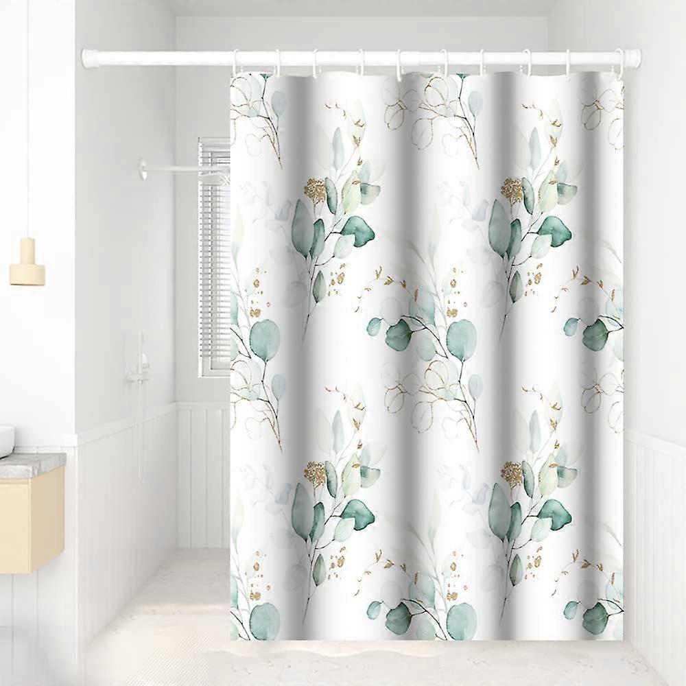 バスルーム用ユーカリシャワーカーテンゴールドグリーンの葉は白いバスタブにプリント防水生地シャワーカーテン緑の枝植物ホーム