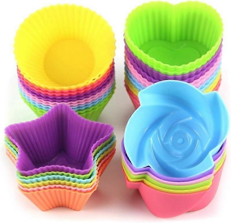 Silicon Cupcake Liners reutilizabile cupe de copt Nonstick Easy Clean Patiserie Muffin Matrite 4 forme rotunde, Stele, Inima, Flori, 24 piese colorate