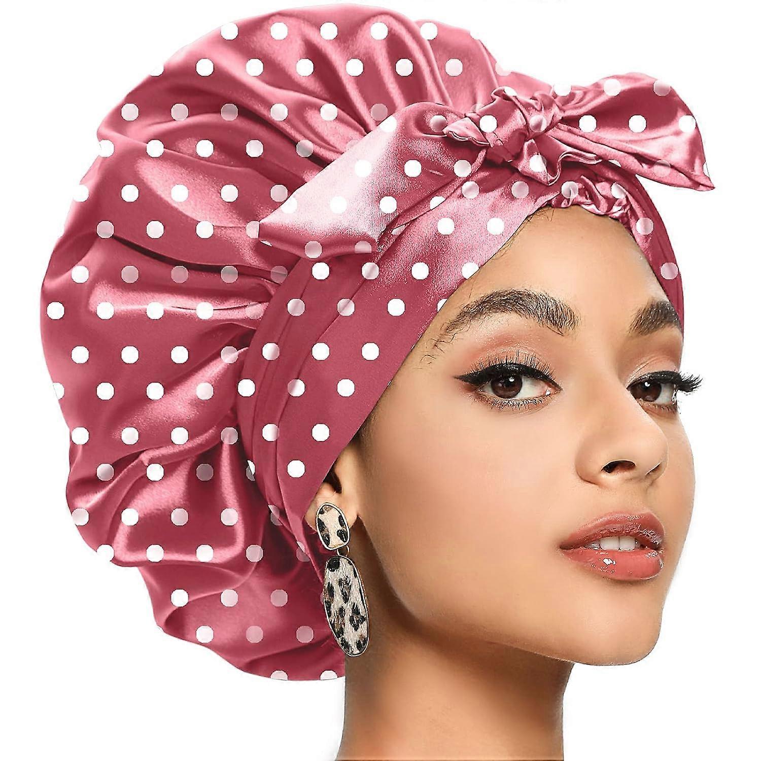 قبعة من الساتان النسائي ، قبعة حريرية للشعر المجعد ، قبعة شعر حريرية للنوم ، قبعة من الساتان للنساء ، قبعة كبيرة الحجم للجديلة مع ربطة عنق ، أزرق ياقوتي