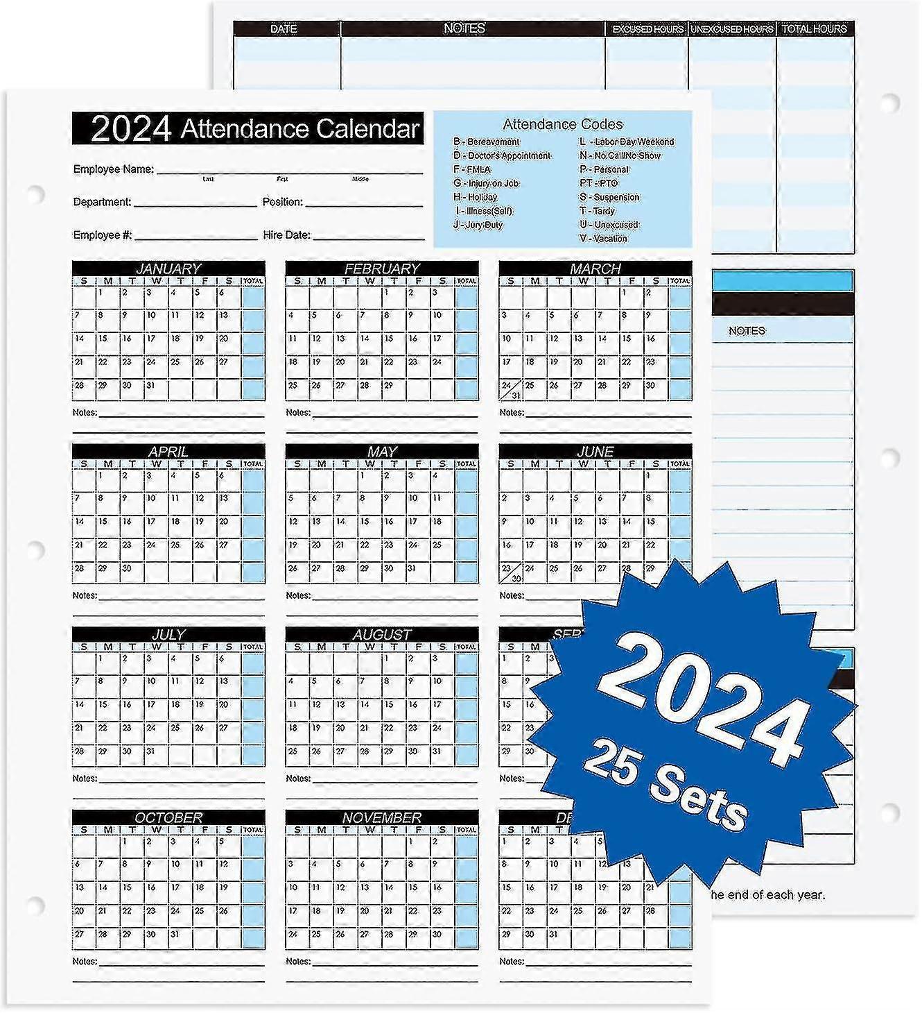 2024 Attendance Calendar Work Tracker - Cards On 8.5 X 11 Cardstock (pack Of 25 Sheets)