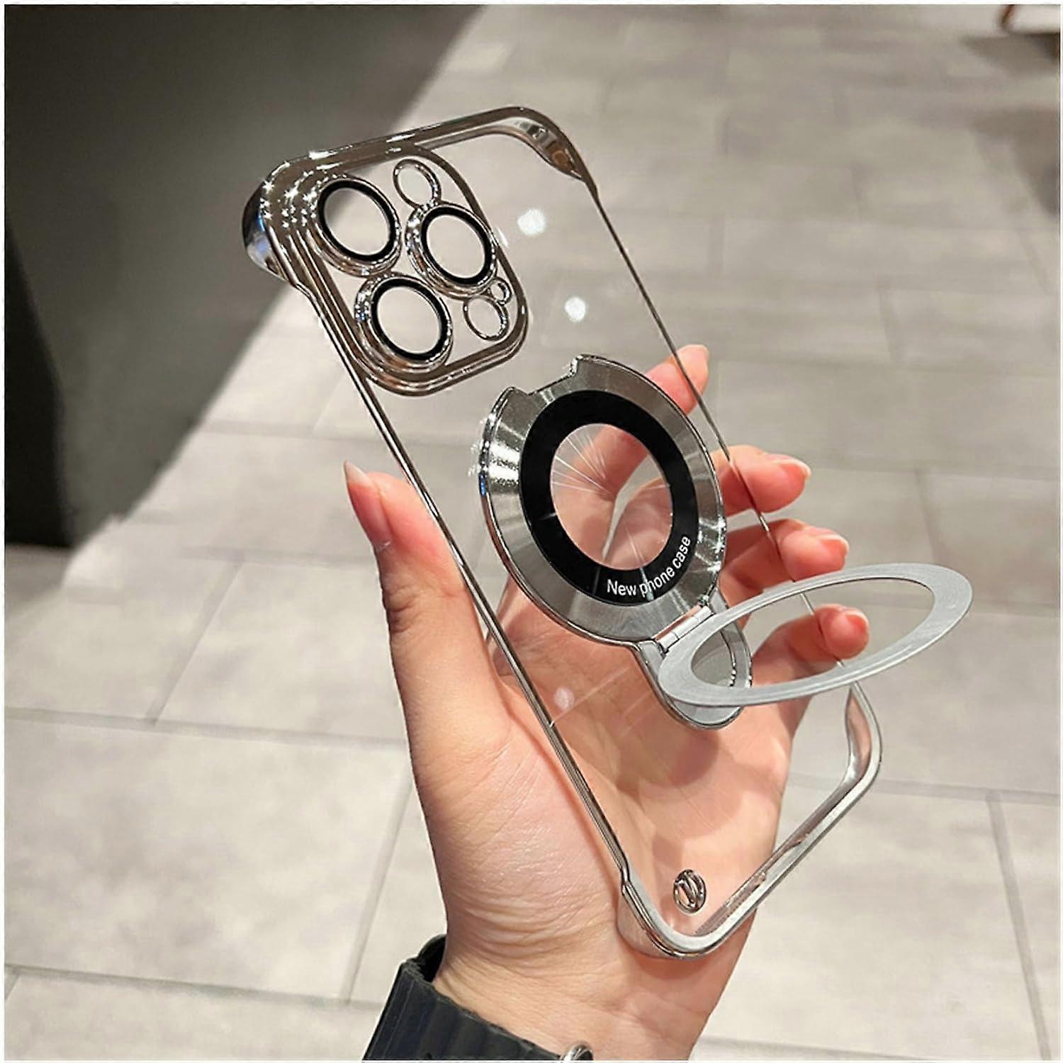 Magnetic Frameless Case for iPhone 15 Minimalist Clear Phone Case Corner Shockproof Cover with Ring Holder&Lens Protector