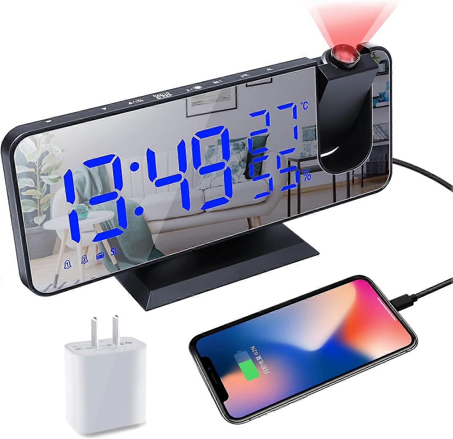 Réveil numérique à projection XYC pour les chambres, radio-réveil au plafond, port chargeur USB, affichage de la température et de l’humidité, 7,3 grands miroirs LED