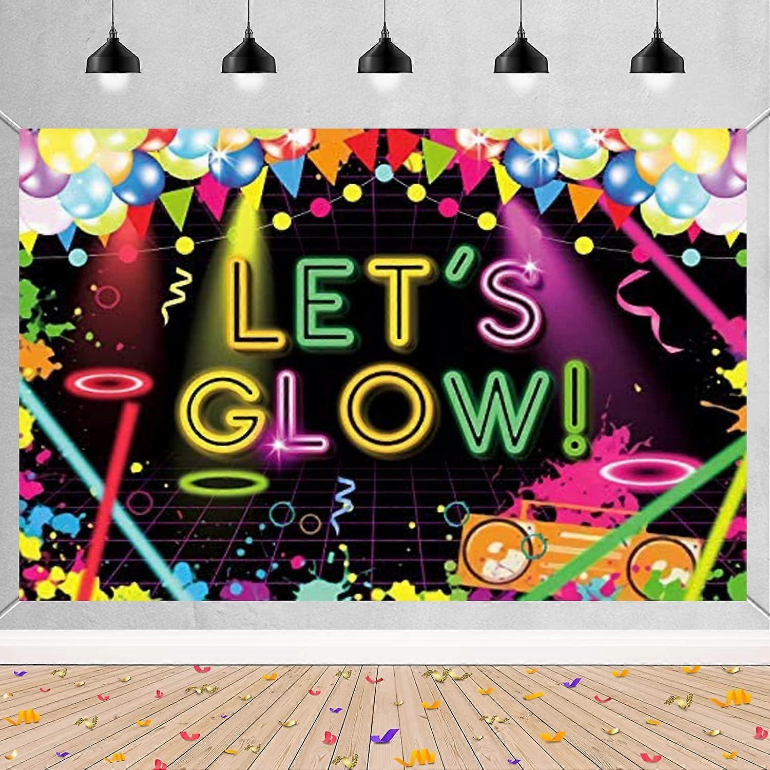 Let?s Glow Neon Backdrop Banner Colorful Splatter Background Retro Disco 80s 90s for Youth Teens Glowing In The Dark Birthday Party Supplies