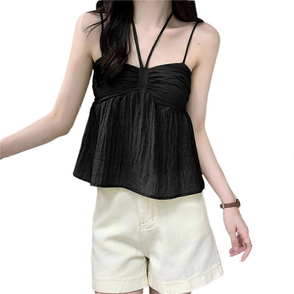 Spaghetti Straps Camisole Tops Solid Color Ruffle Sweet Style Tanks Vests