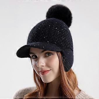 Ny vinterpäls Pompom hatt för kvinnor stickad basebollkeps visirmössor damer Skullies-svart