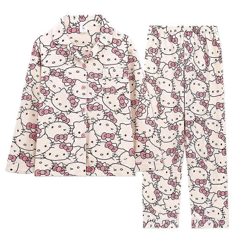 Kvinder Kawaii Hello Kitty Trykte pyjamas toppe + bukser Todelt sæt nattøj nattøj Pjs Hjem Tøj Gaver