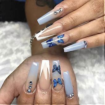 Blue Rhinestone Decorations Fake Nails Lasting Effect With Moderate Thickness Nails  Glue Models