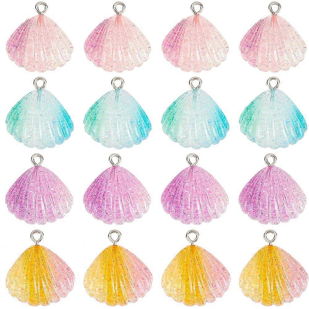 32Pcs 4 Colors Gradient Color Transparent Resin Pendants Glitter Shell Shaped Charms with Platinum Plated Iron Loops Mixed Color 22x20x6mm Hole: 2mm 8