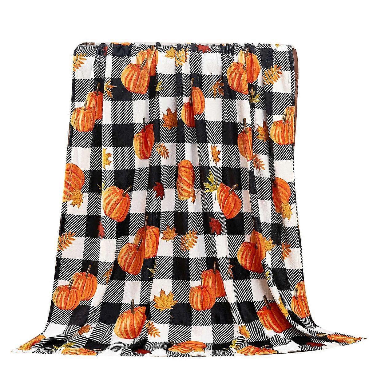 Fall Throw Blanket, Pumpkin Leaf Fall Plaid Throw Blanket for Couch Bed Sofa, Checkered Blanket for Autumn